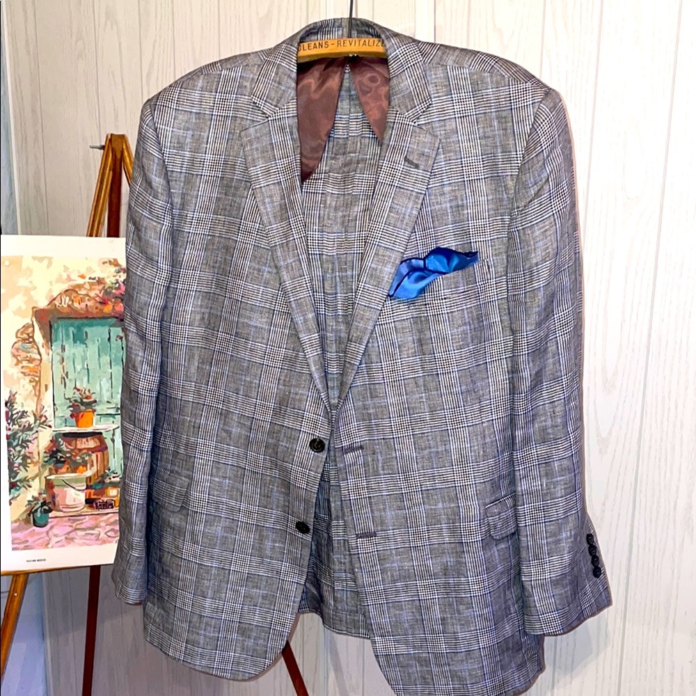 BROOKS BROTHERS LINEN JACKET BLAZER REGENT FIT 48R + SILK pocket square UNLINED